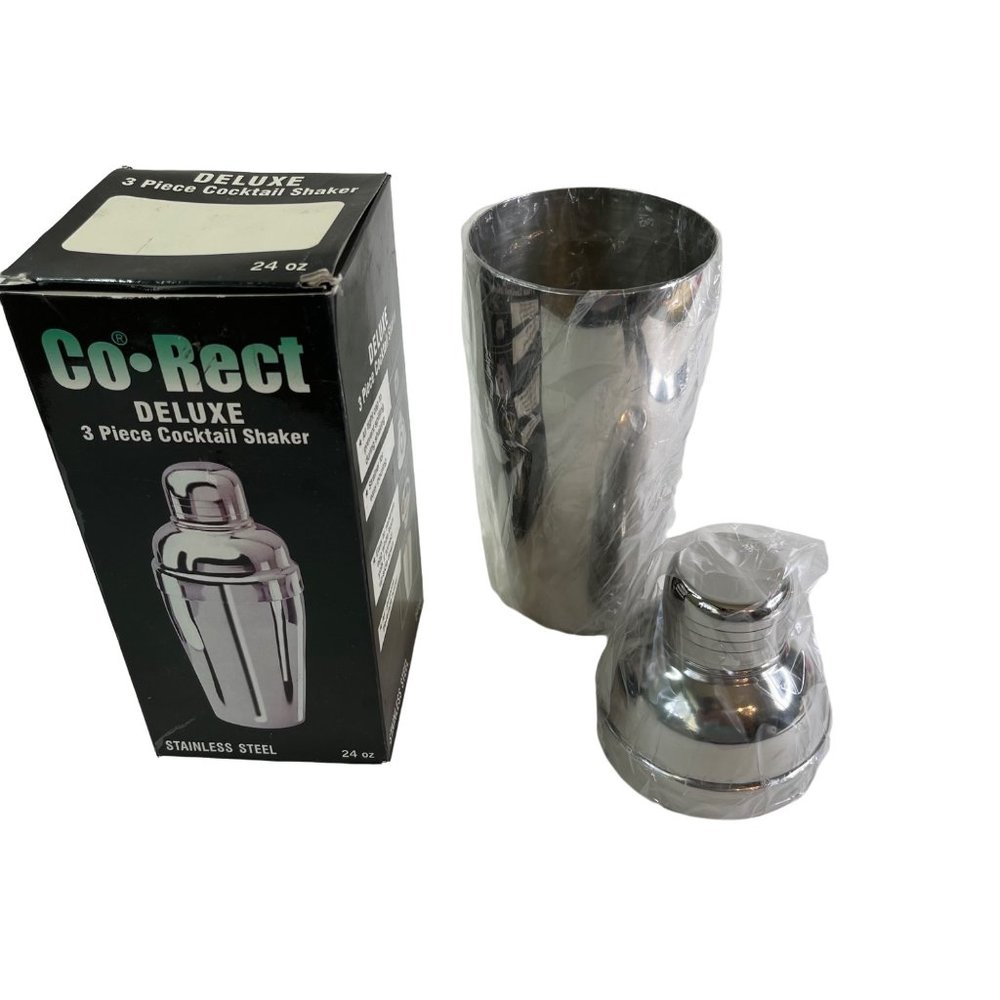 Cocktail Shaker Stainless Steel 3 pc Set 24oz Vintage Co-Rect Brand NIB